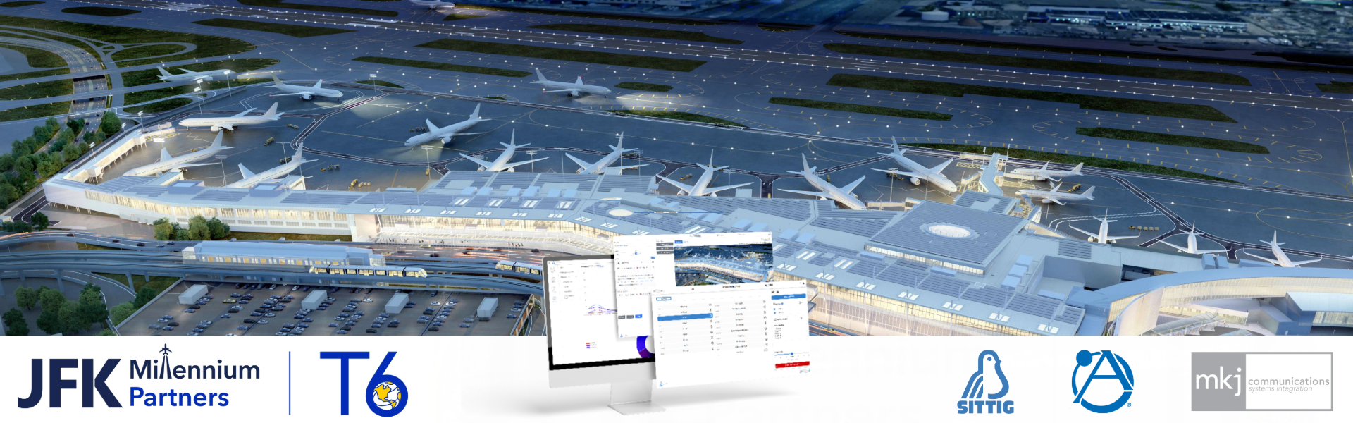 JFK Terminal 6 at dusk with PAXGuide on screen and Sittig AtlasIED and MKJ logos